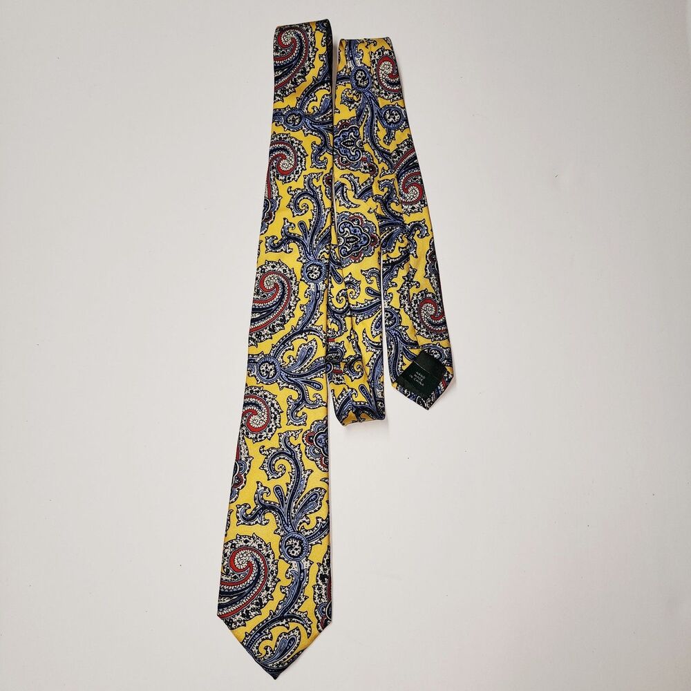 Lauren Ralph Lauren LRL 100% Silk  Slim Tie Paisley Yellow Handmade Necktie NWOT